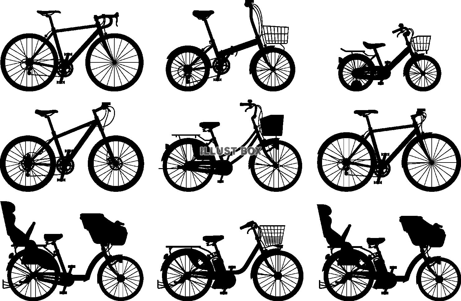無料イラスト 自転車 サイクル シルエット セット
