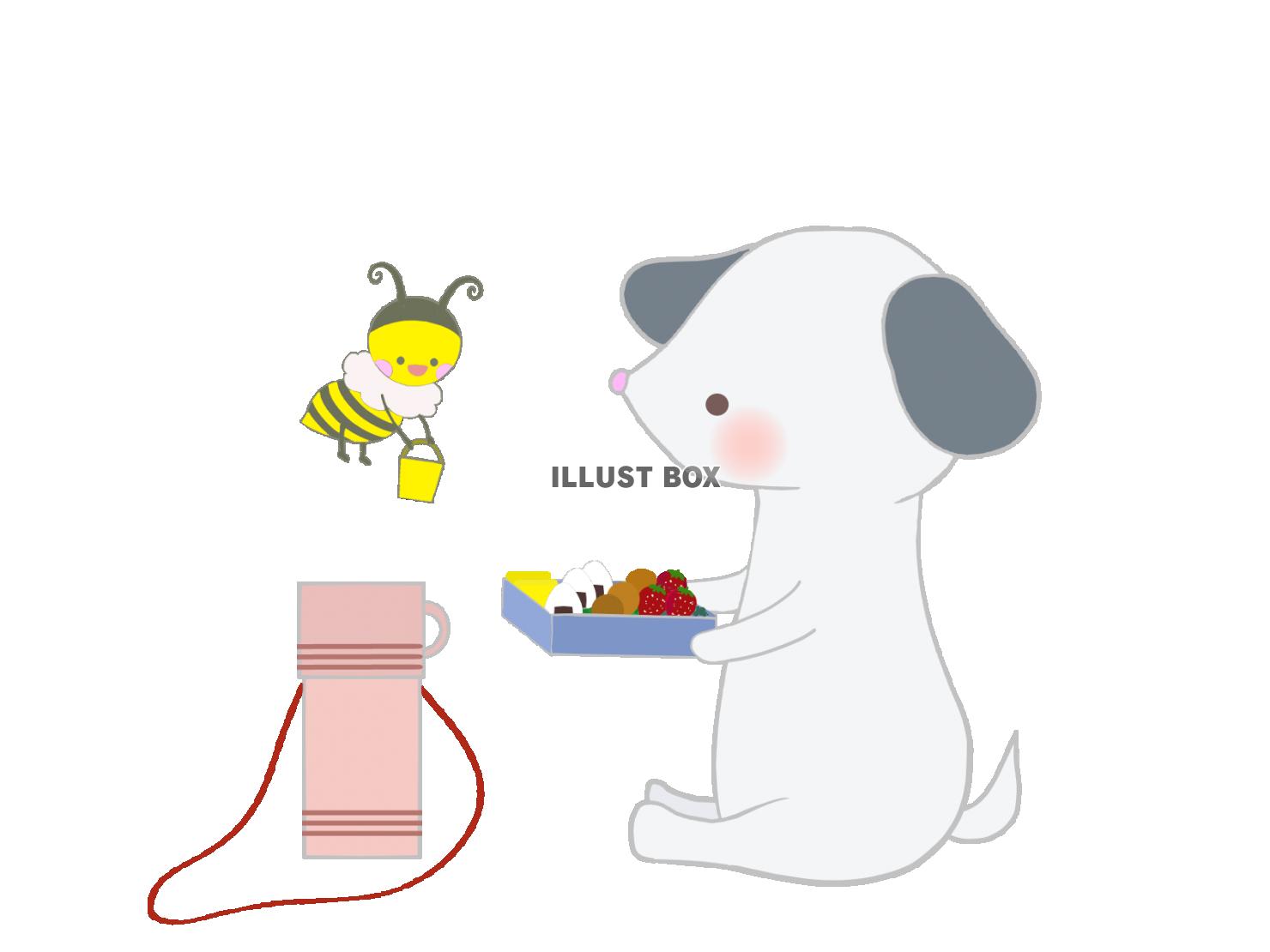 お弁当を食べる犬とハチのイラスト