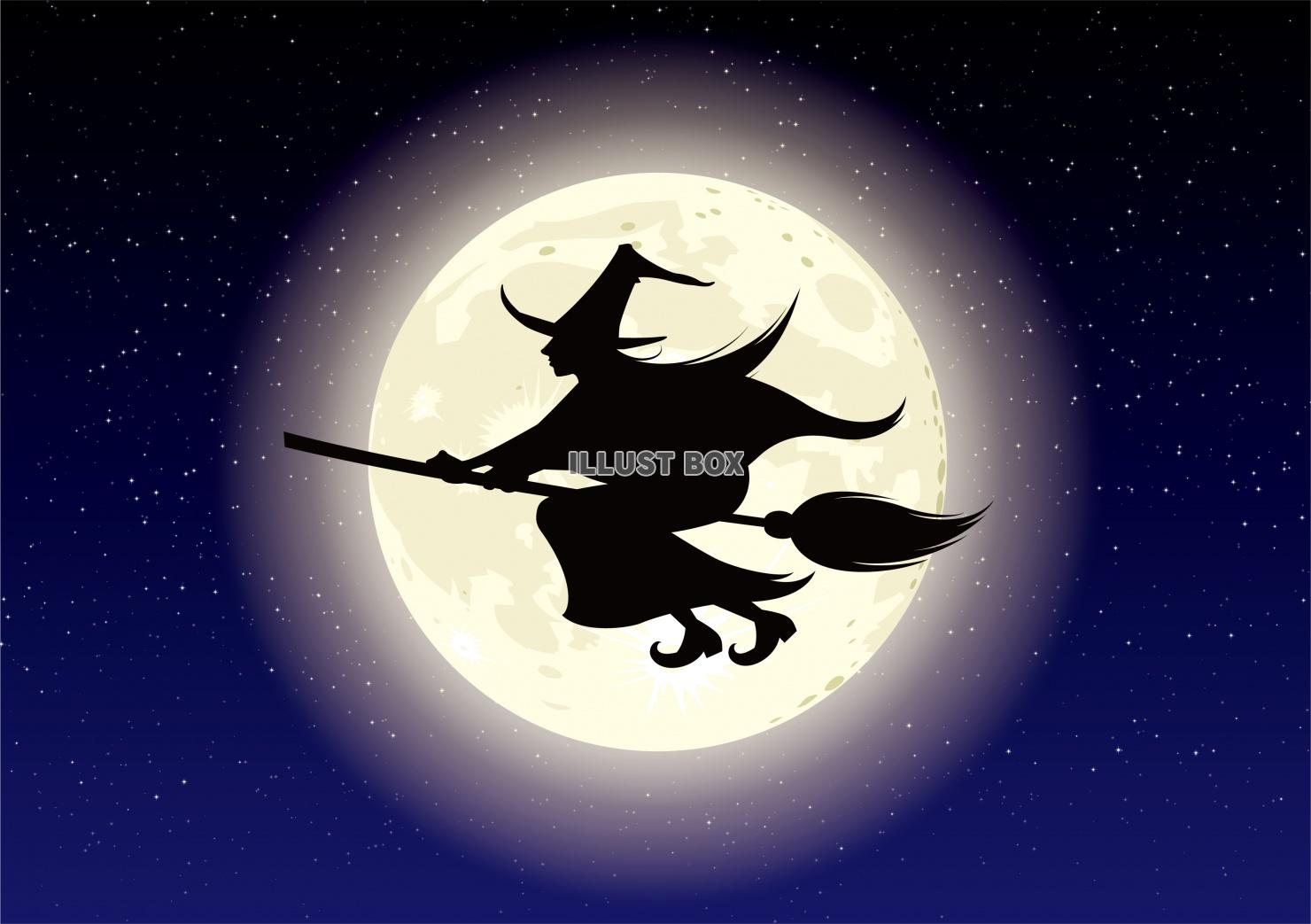 無料イラスト ハロウィン 満月を背景に飛ぶ魔女