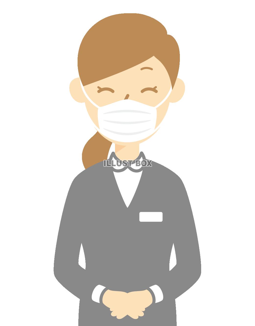 無料イラスト スーツ女性従業員も感染予防でマスクを着用ビジネスマンスタッフ