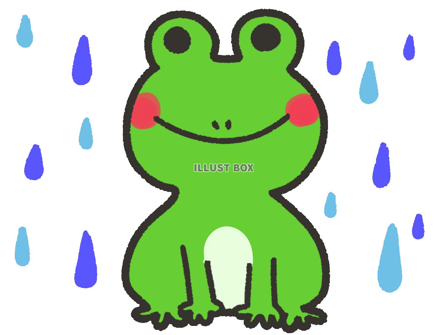 無料イラスト かわいい笑顔のカエルと雨