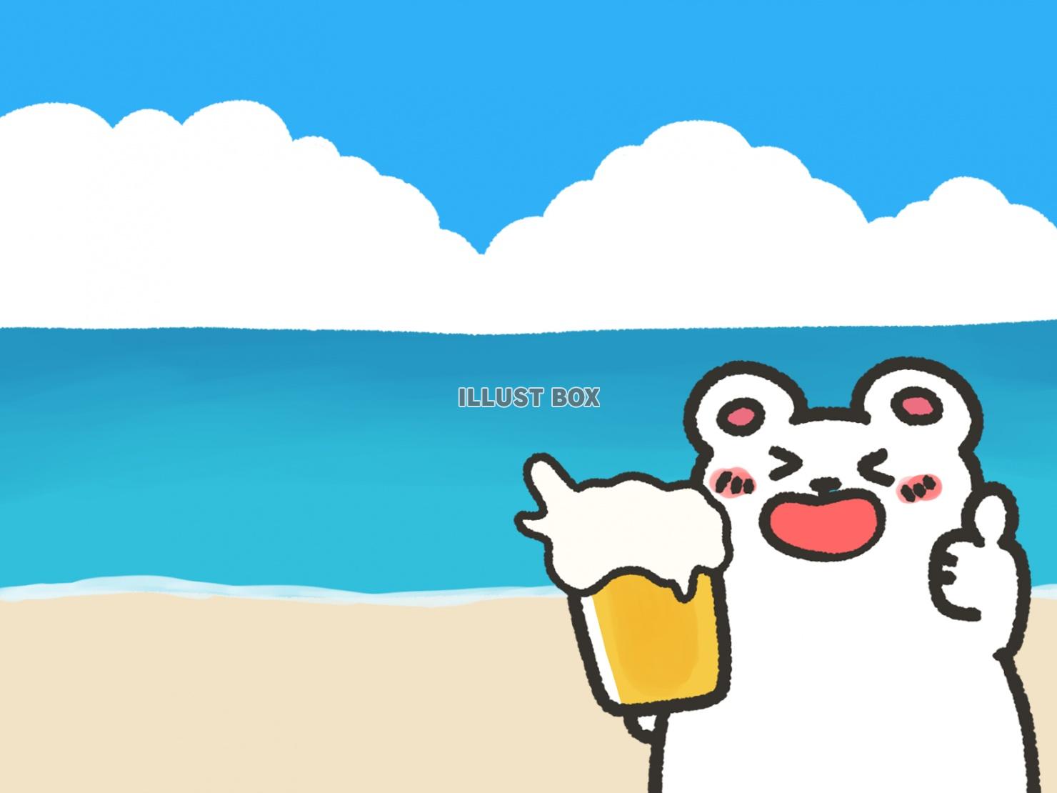 ビールを飲むシロクマくん　夏の海