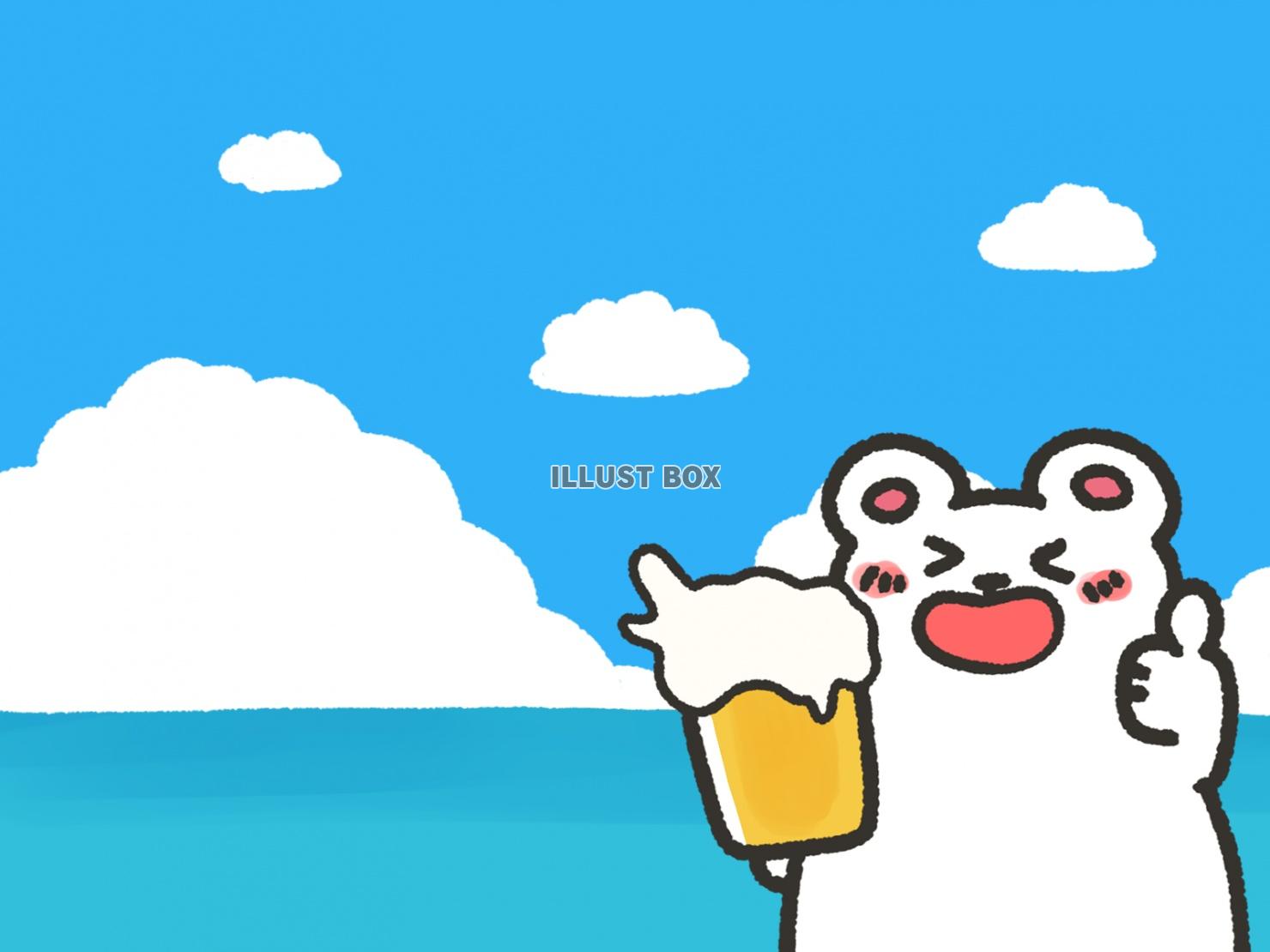 ビールを飲むシロクマくん　夏の海