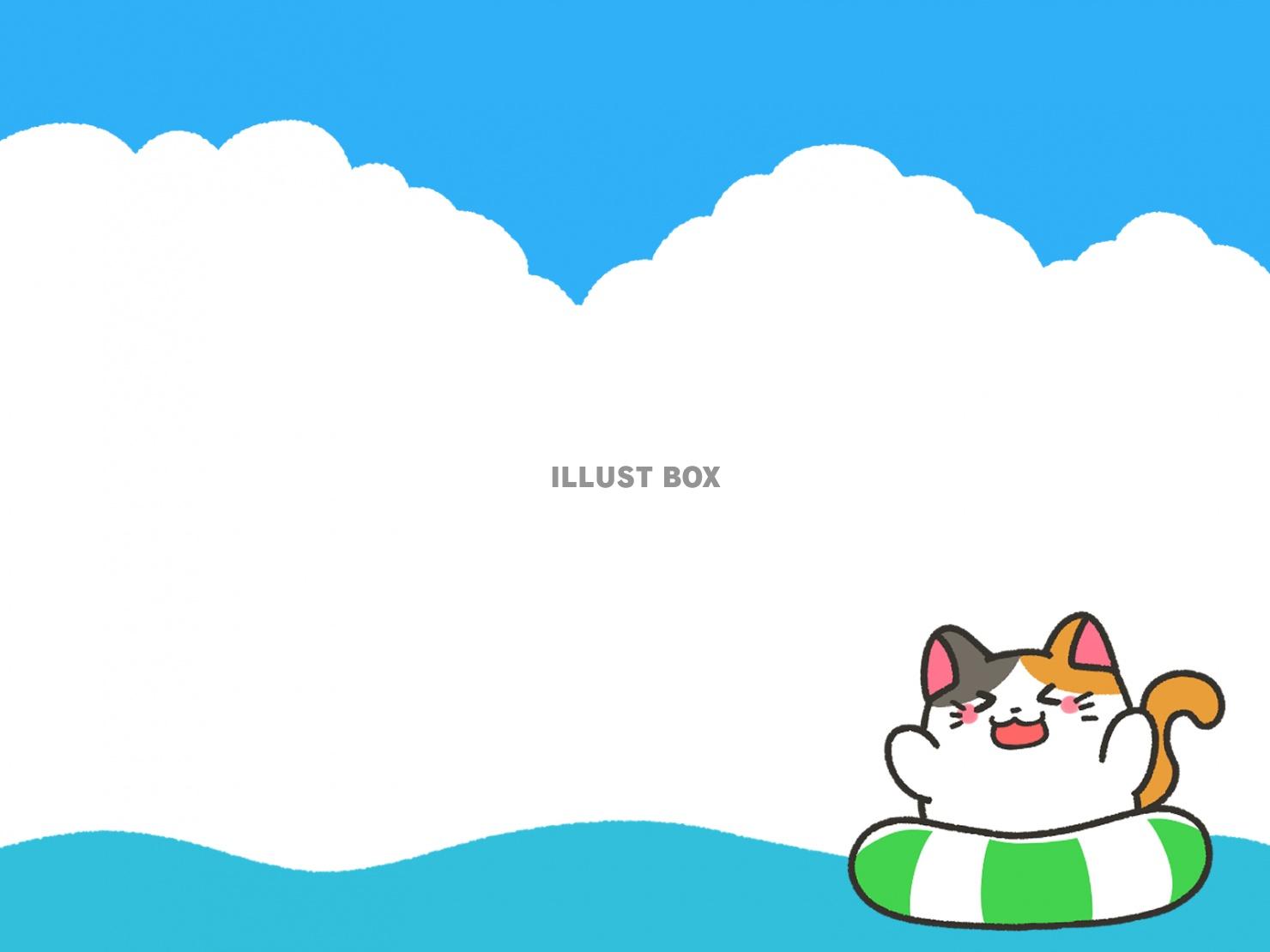 無料イラスト 夏の海 三毛猫ちゃん 背景素材