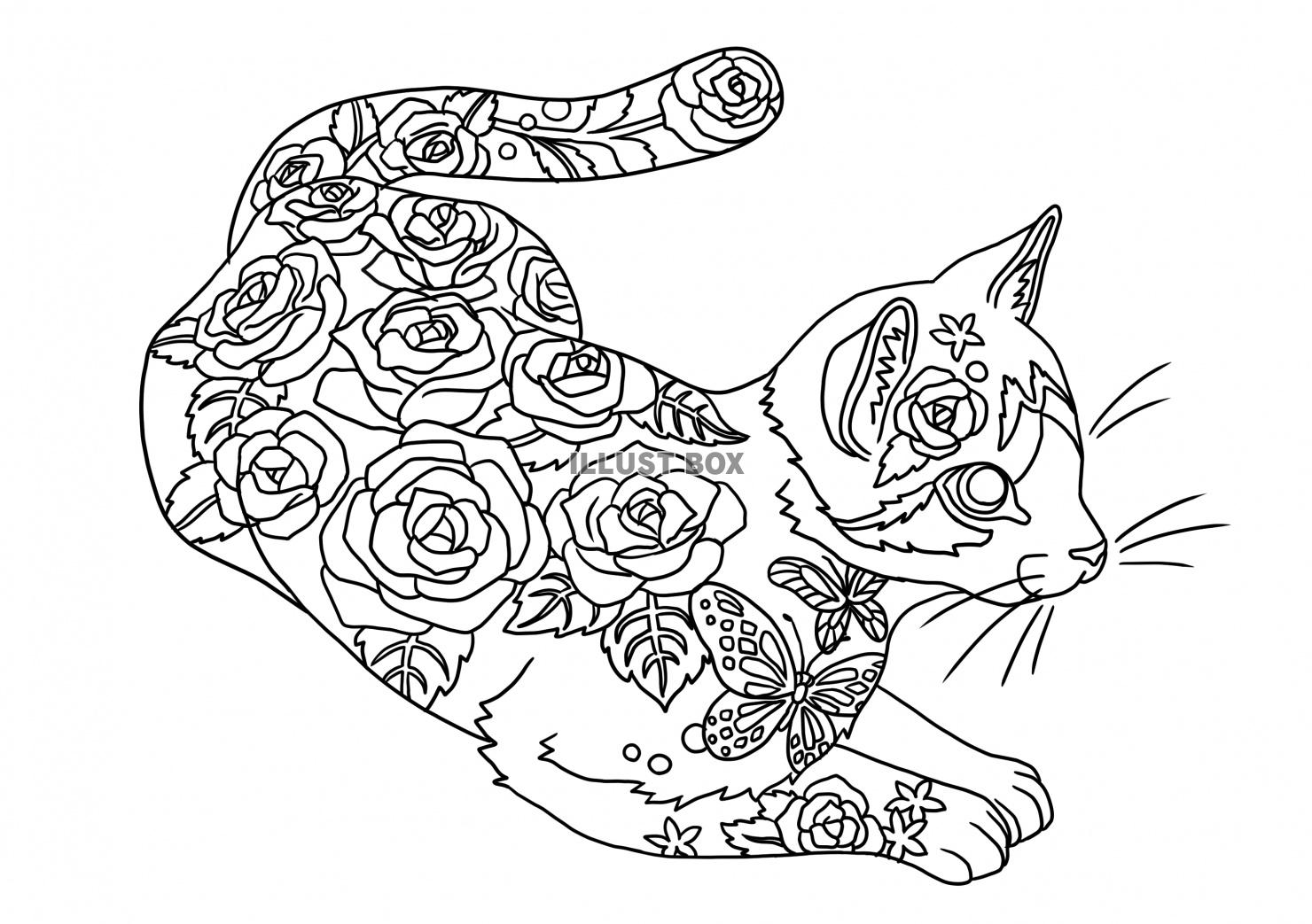 無料イラスト 花柄模様の猫の塗り絵