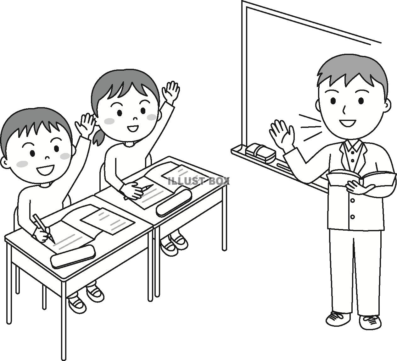 小学生のモノクロのイラスト（授業）