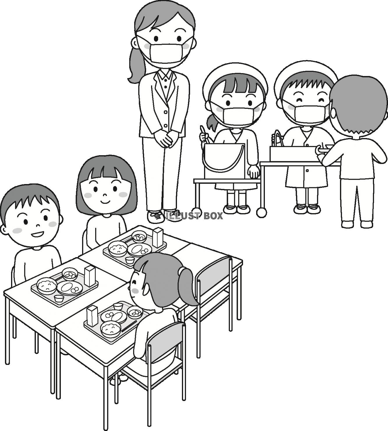 小学生のモノクロのイラスト（給食）