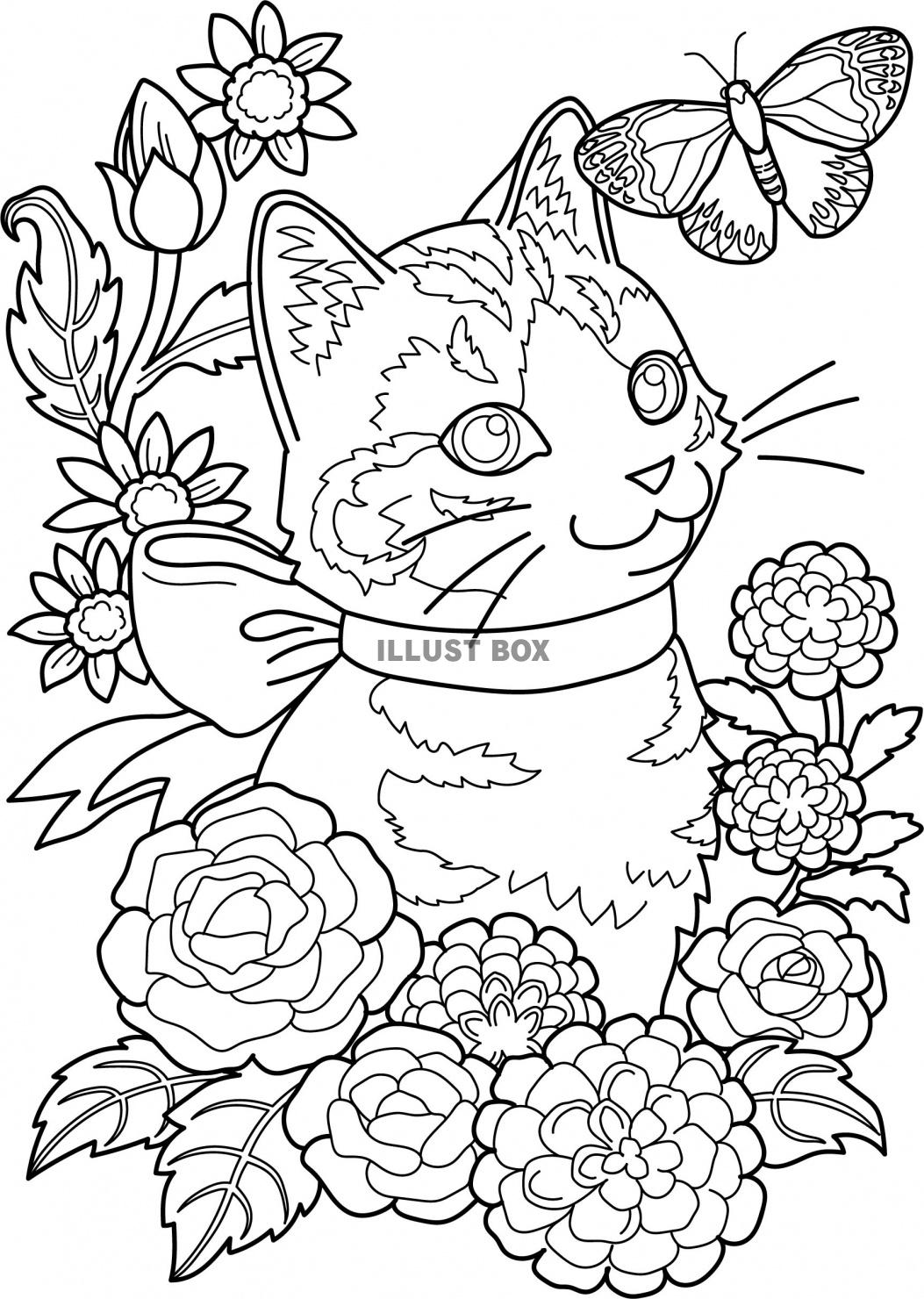 無料イラスト 猫と花と蝶の塗り絵