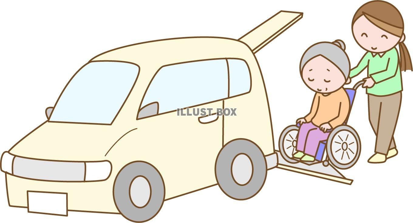 無料イラスト 車いすの高齢者を車で送迎する介護者