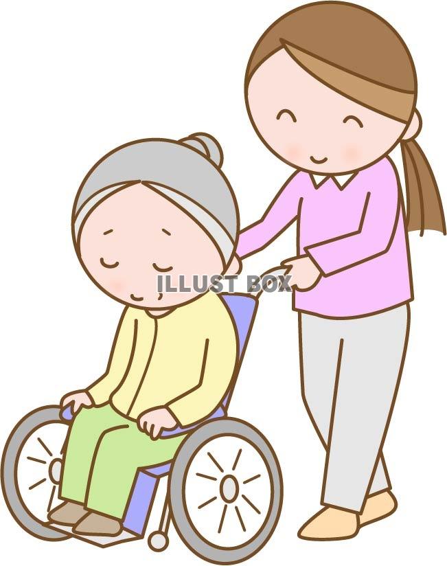 車いすの高齢者と介助する女性