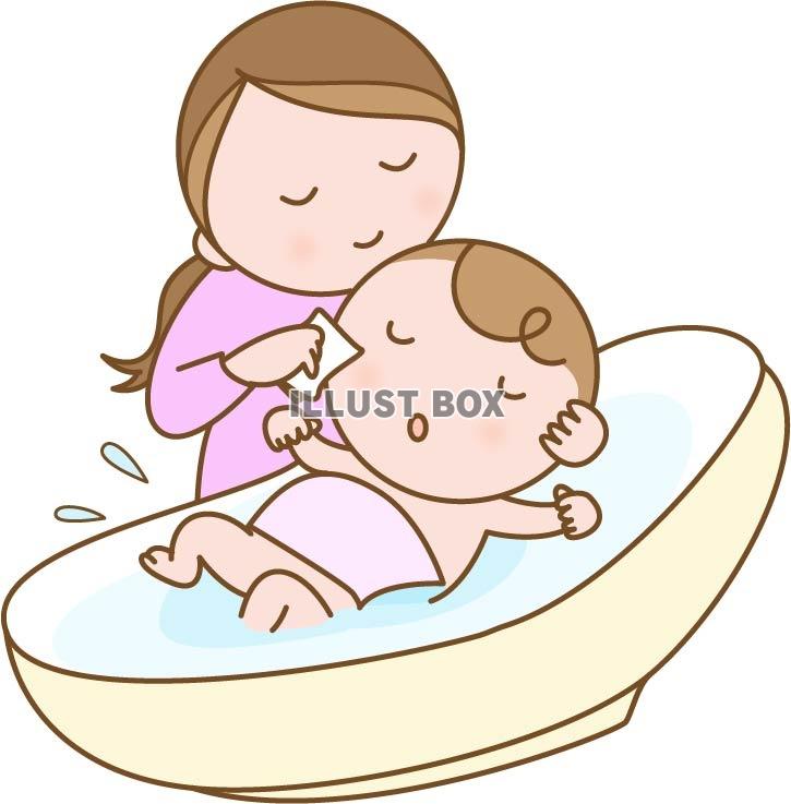 無料イラスト 赤ちゃんに沐浴をさせるママ