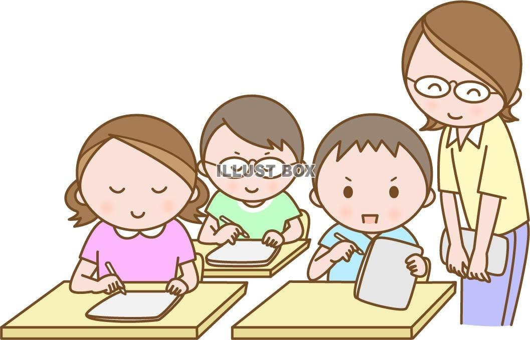 無料イラスト タブレットで授業をする先生と小学生