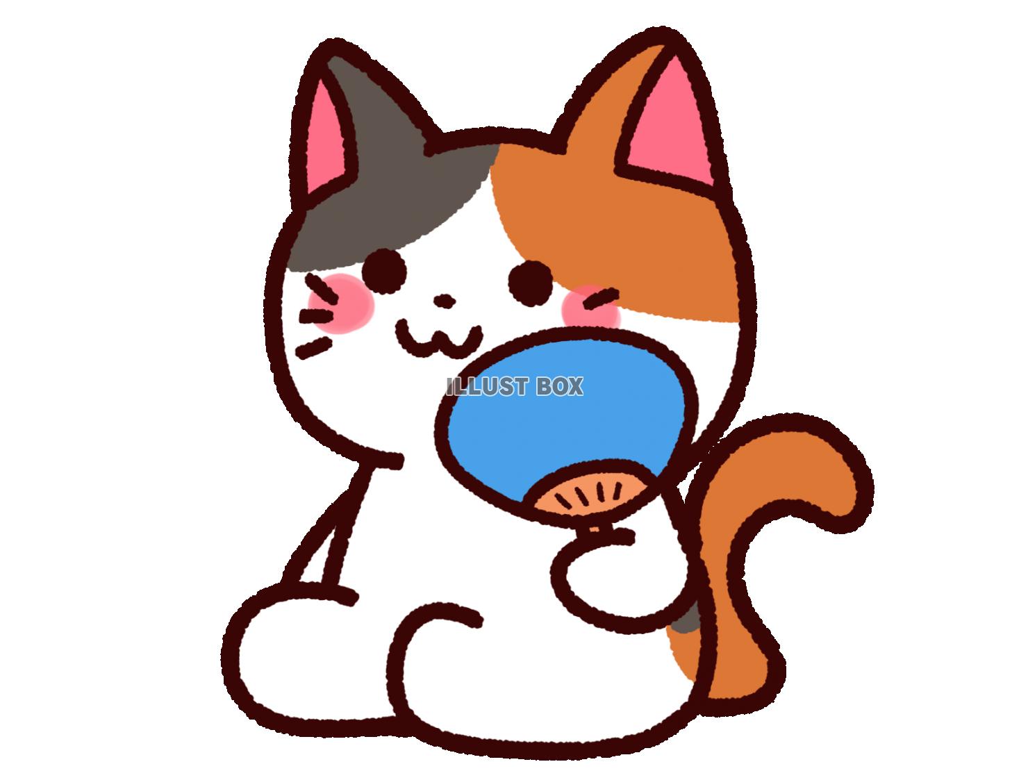 無料イラスト うちわを持ったかわいい三毛猫