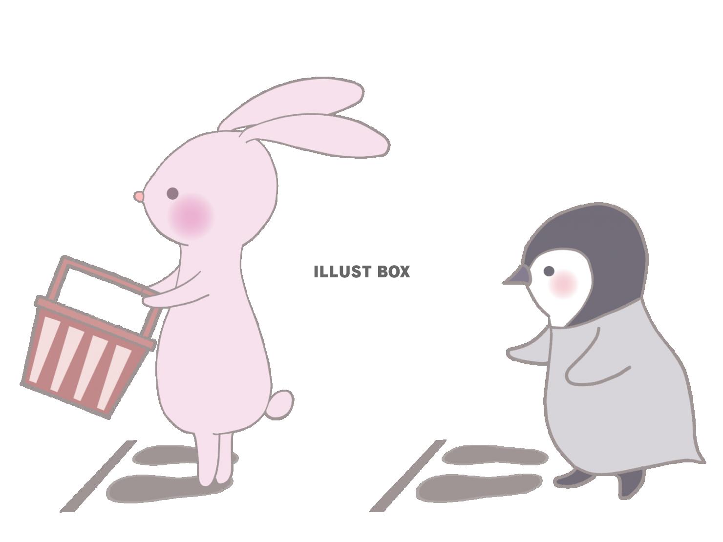お買い物をするウサギとペンギン　線あり