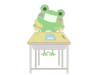 マスクをして机に座るカエル