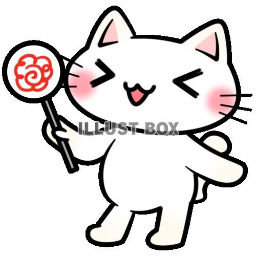 無料イラスト 花丸の札を持つ白猫ちゃん