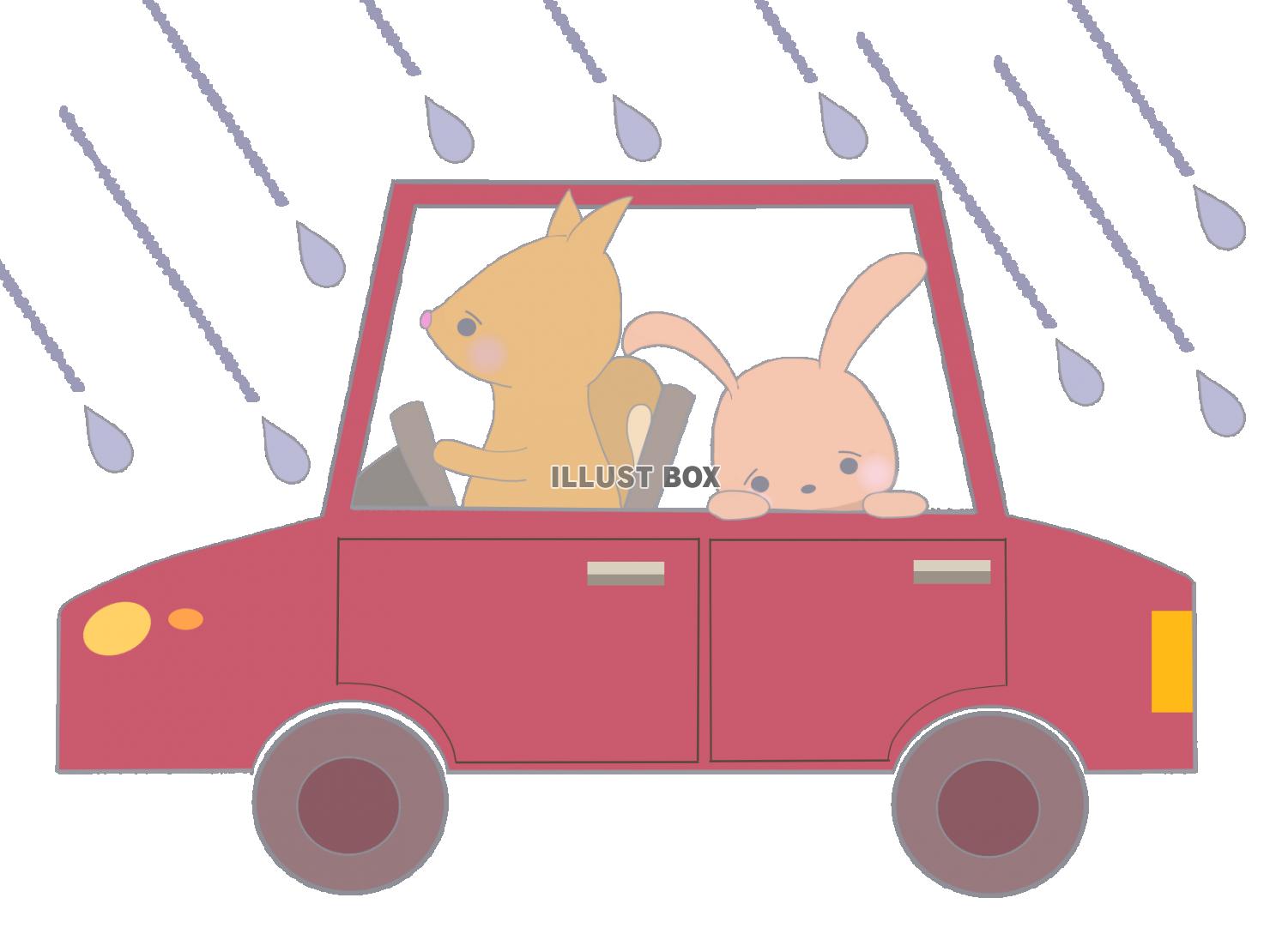 雨の中自動車で走るリスとウサギ　線あり