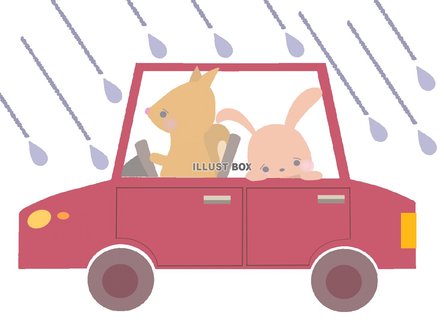 雨の中自動車で走るリスとウサギ　線なし