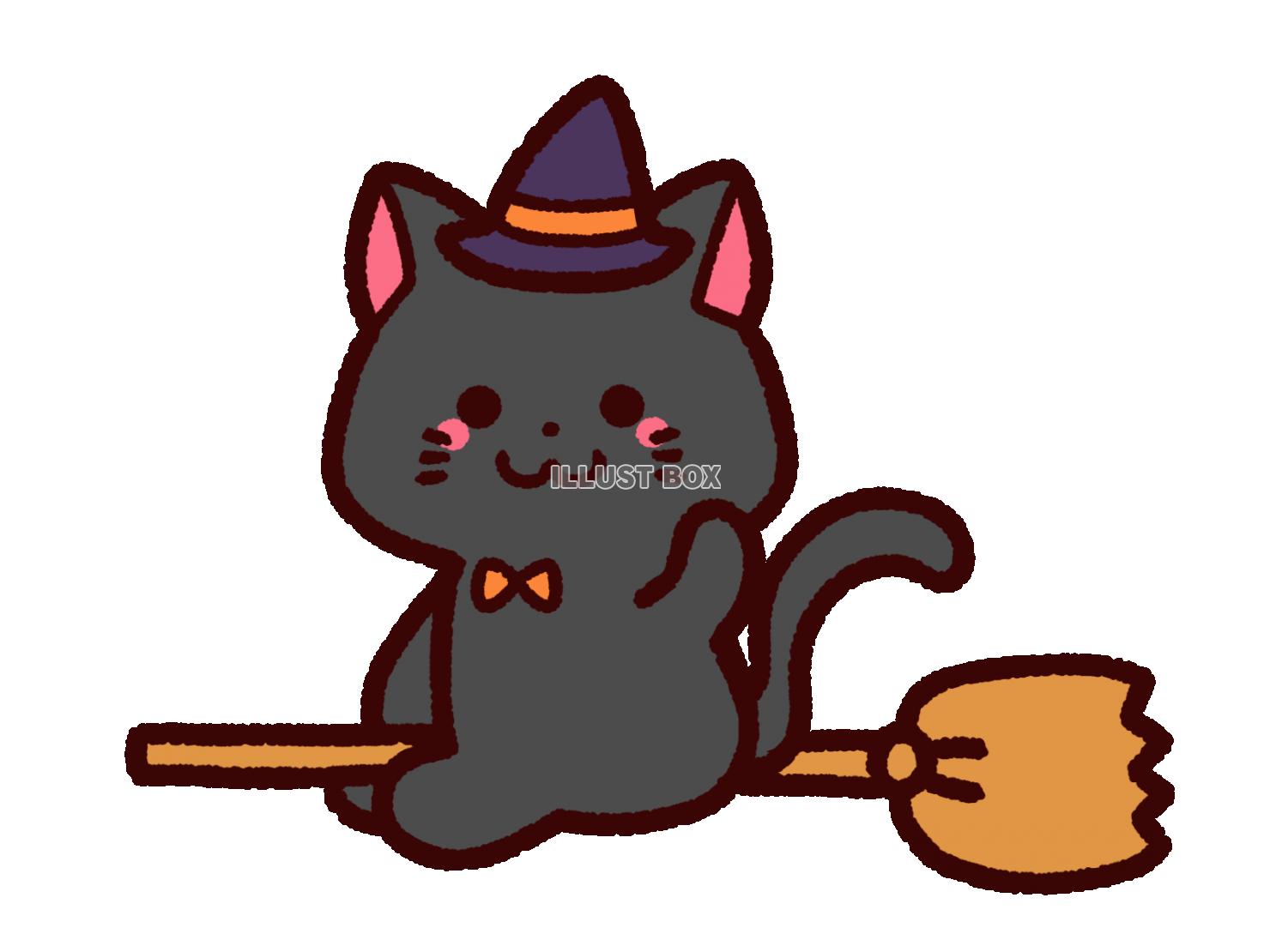 無料イラスト ほうきに乗った黒猫の魔法使い