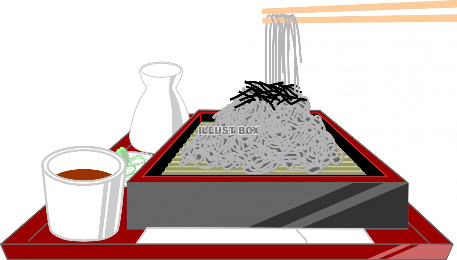 トレーにのった日本食の麺類ざるそばを箸で食べるところのイラス...