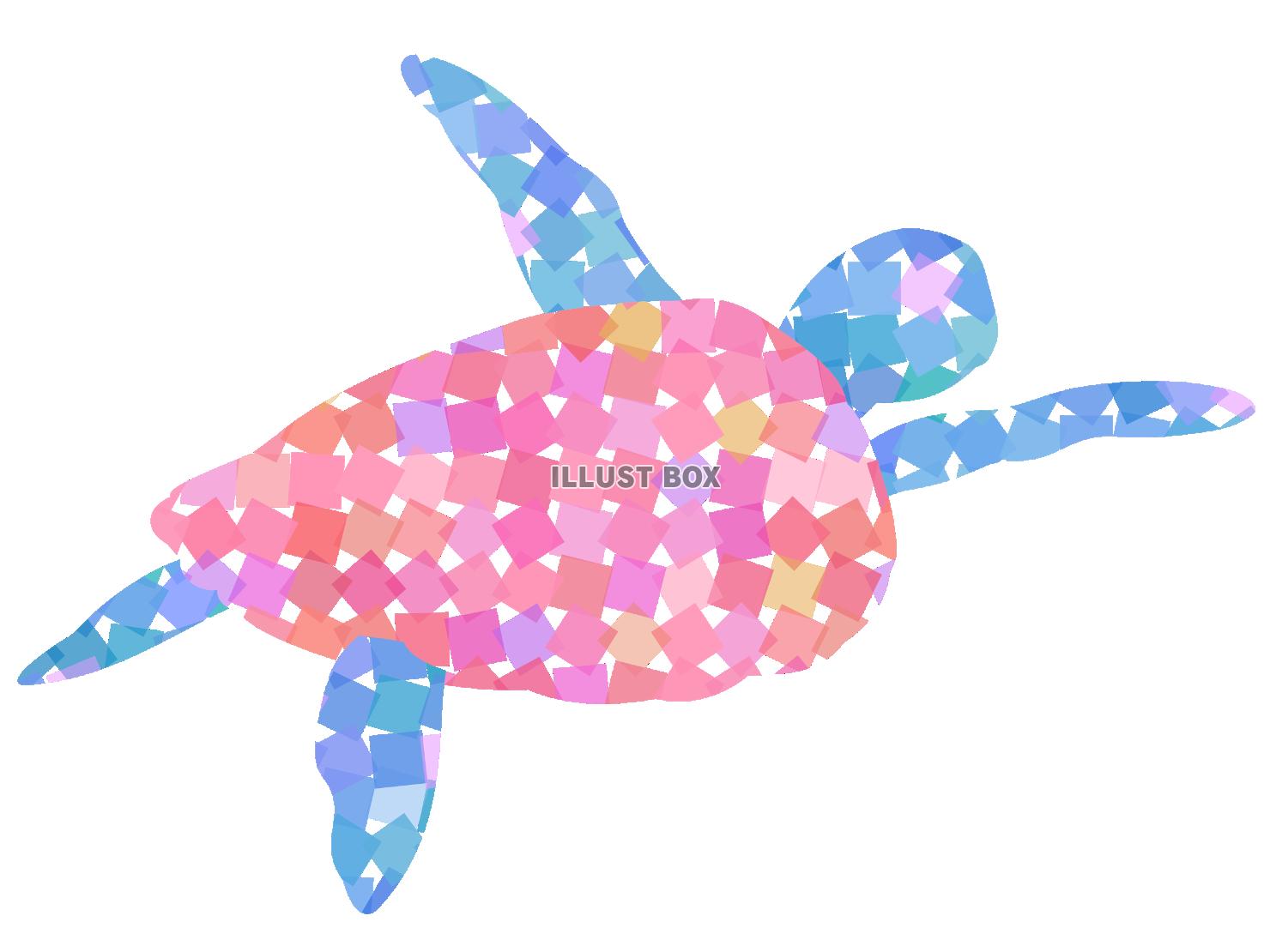 無料イラスト タイル柄のウミガメ ブルー系 ライトピンク系