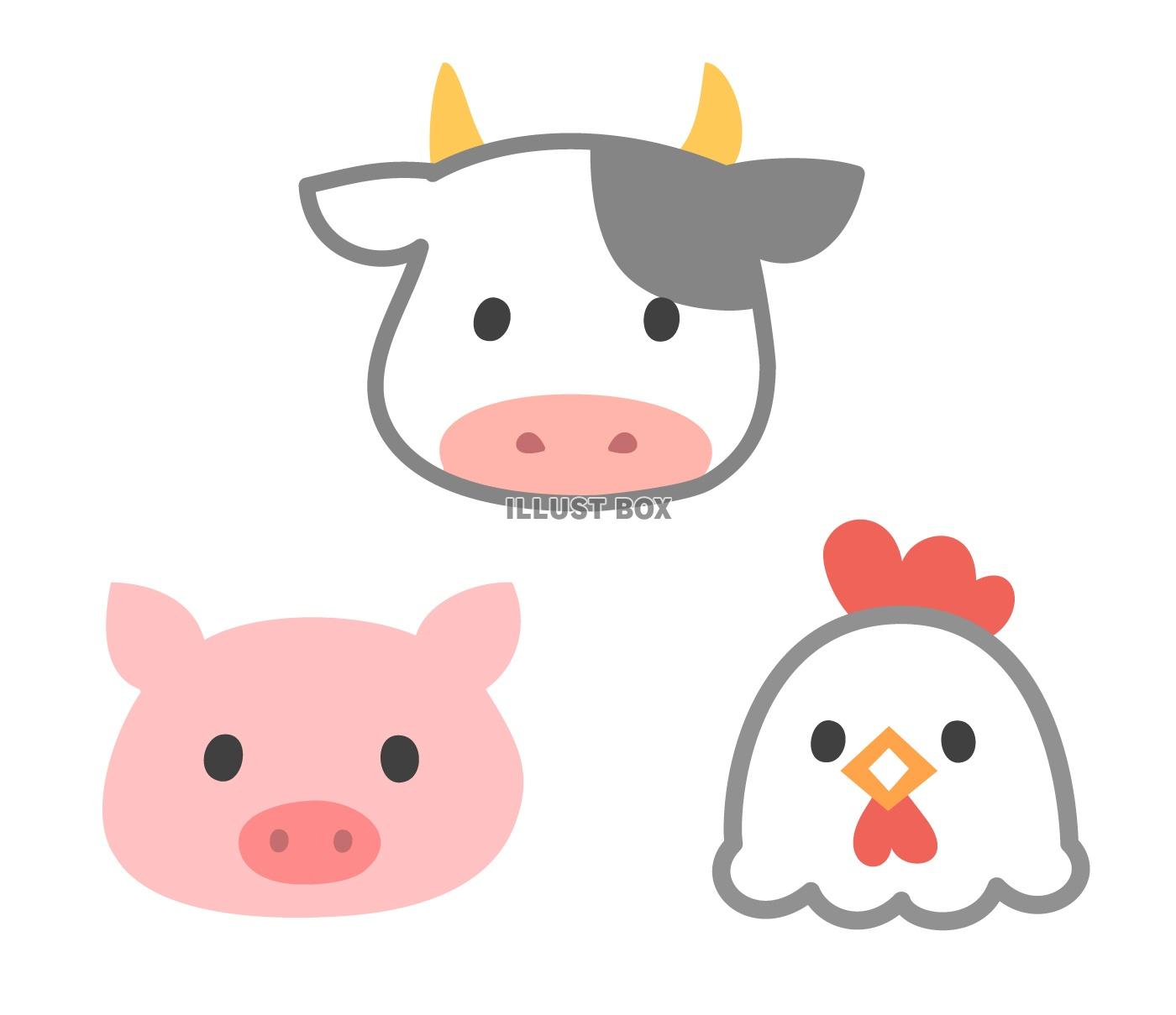 無料イラスト かわいい牛と豚と鶏