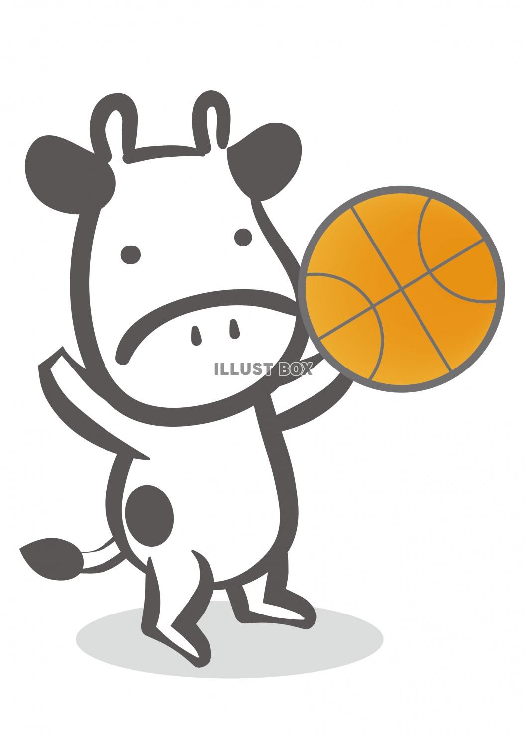 無料イラスト 丑12 06 バスケットボールをする牛さん