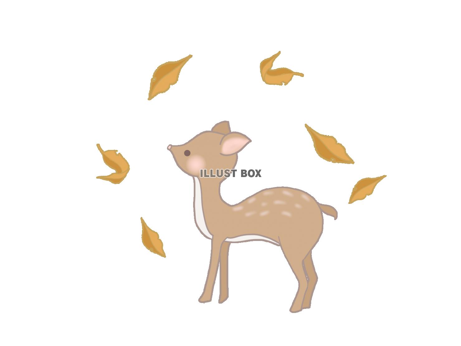 無料イラスト 小鹿と葉っぱのイラスト 線あり