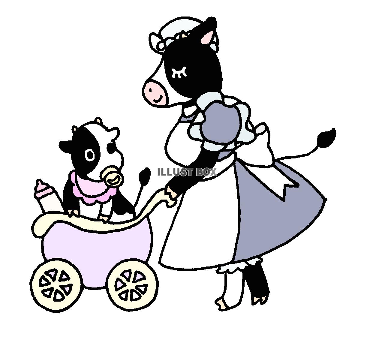 牛の赤ちゃんとメイドさん