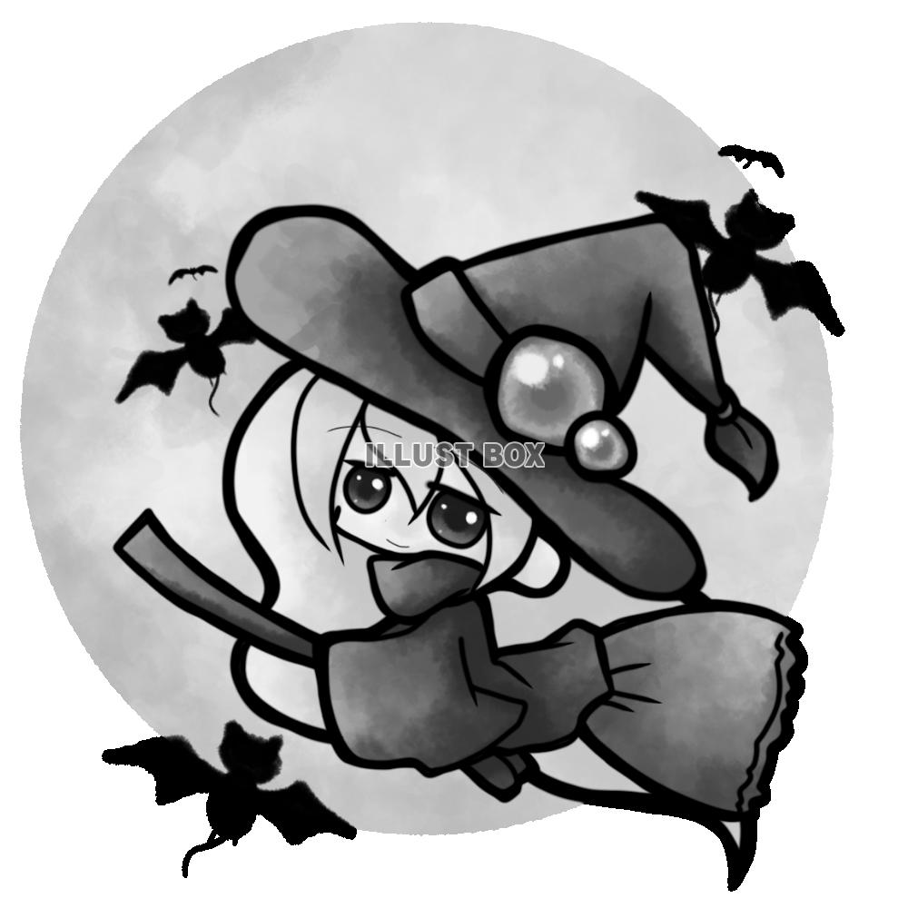 無料イラスト 白黒ハロウィンのほうきに乗った可愛い魔女