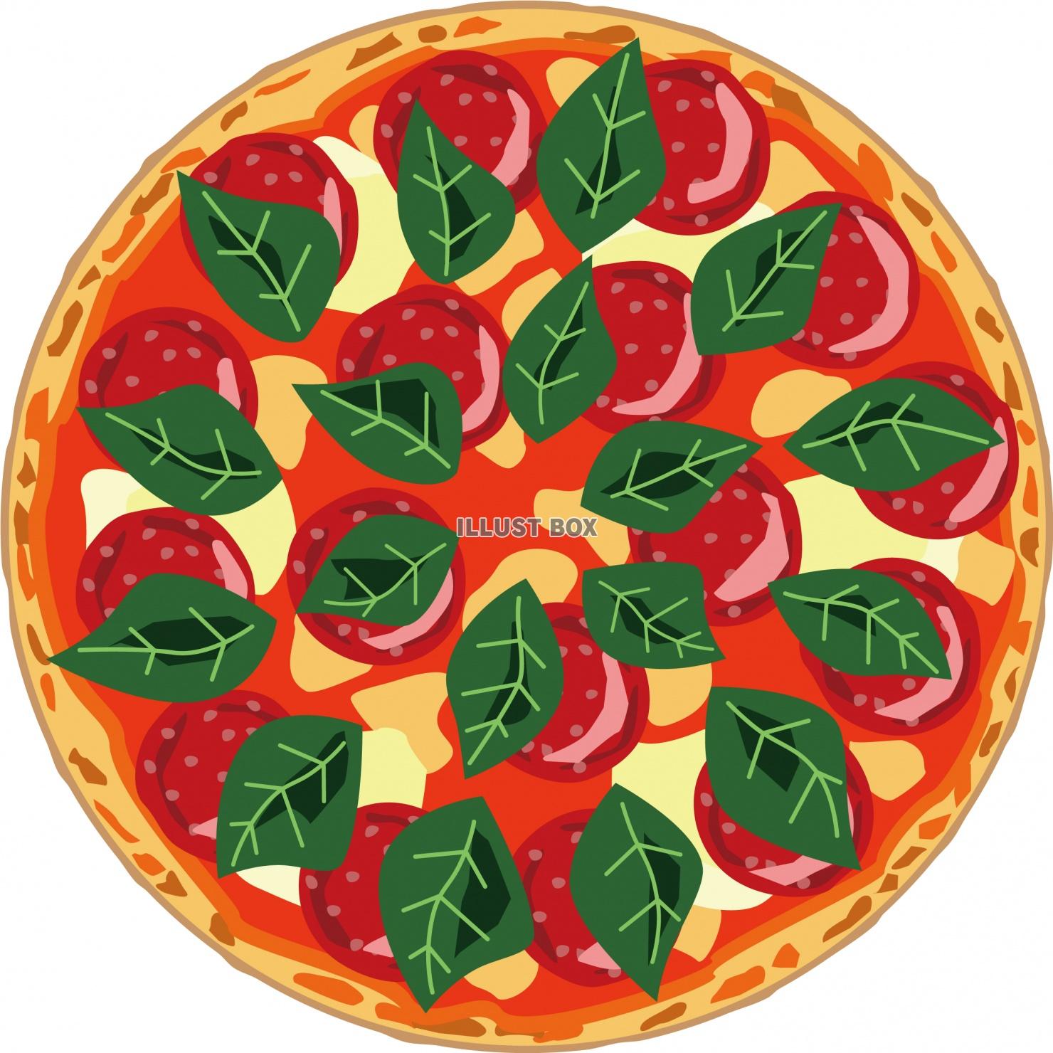 チーズとサラミとバジルのイタリアンフードピザのイラスト