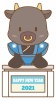 量り売りされる黒牛さん(丑、うし、正月、干支、年賀状、袴、着物、和装、ビーフ)