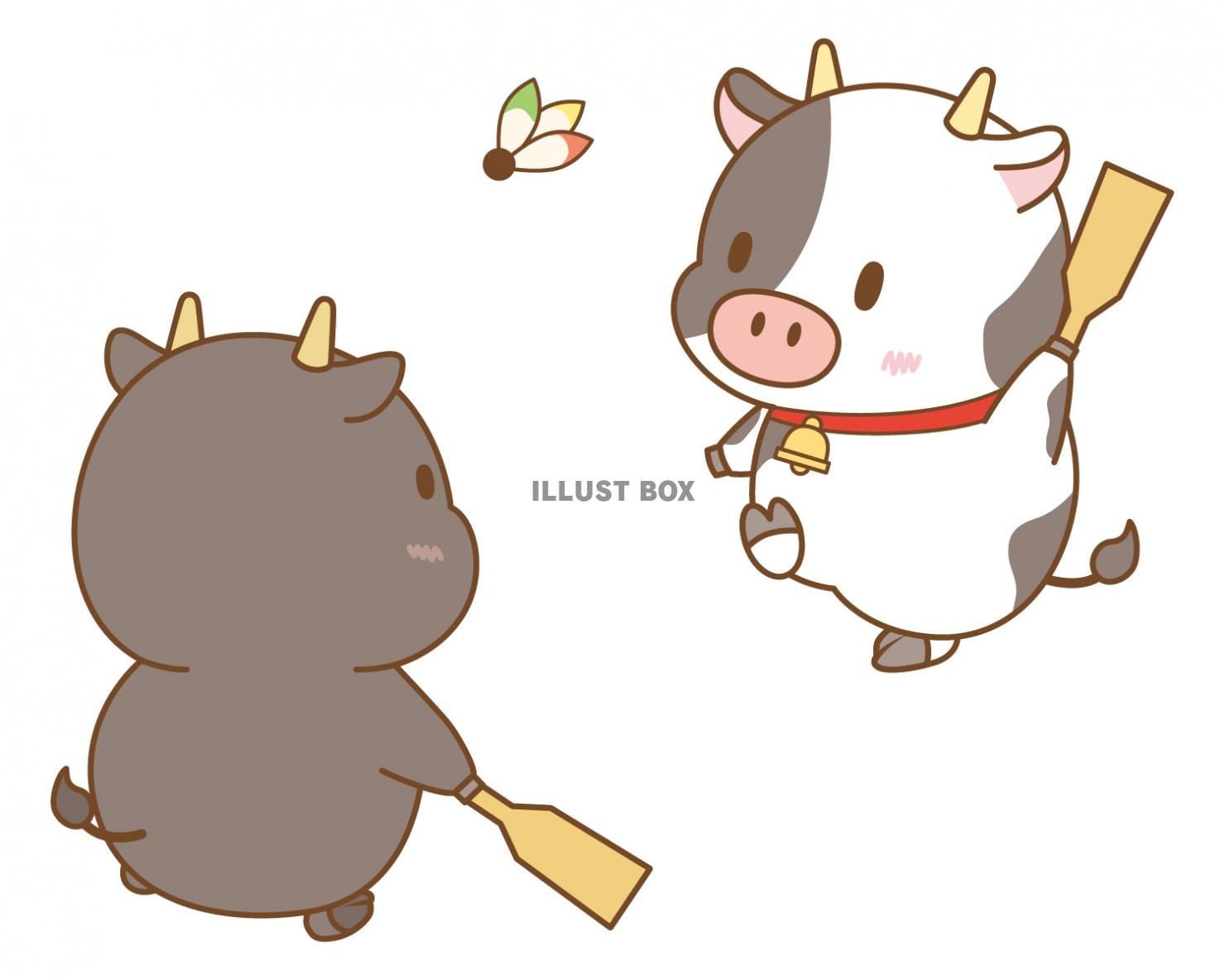 羽子板をする牛さん(丑、うし、正月、干支、年賀状、遊び、ビー...