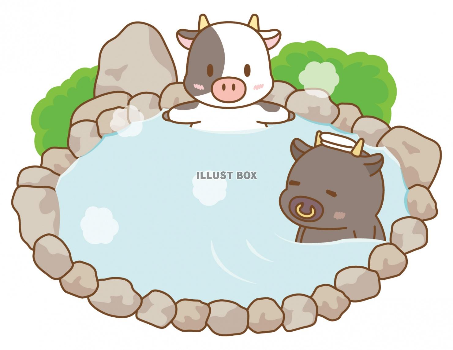 無料イラスト 温泉に入る牛さん 丑 うし 正月 干支 年賀状 銭湯 旅行