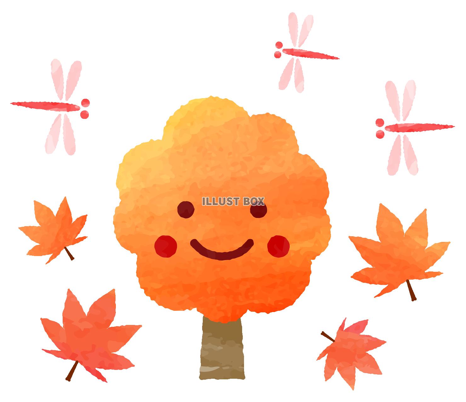無料イラスト 笑顔の紅葉した木と赤とんぼ