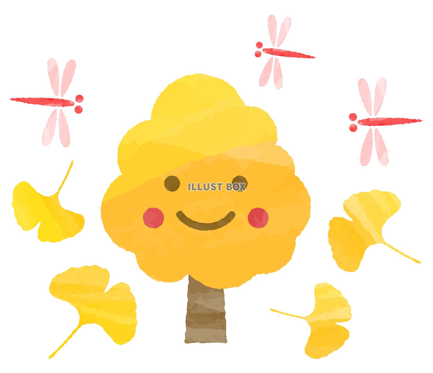 笑顔の黄色く色づいたイチョウの木と赤とんぼ