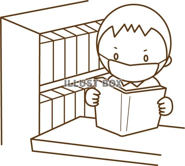 図書室でマスク着用で本を読む小学生