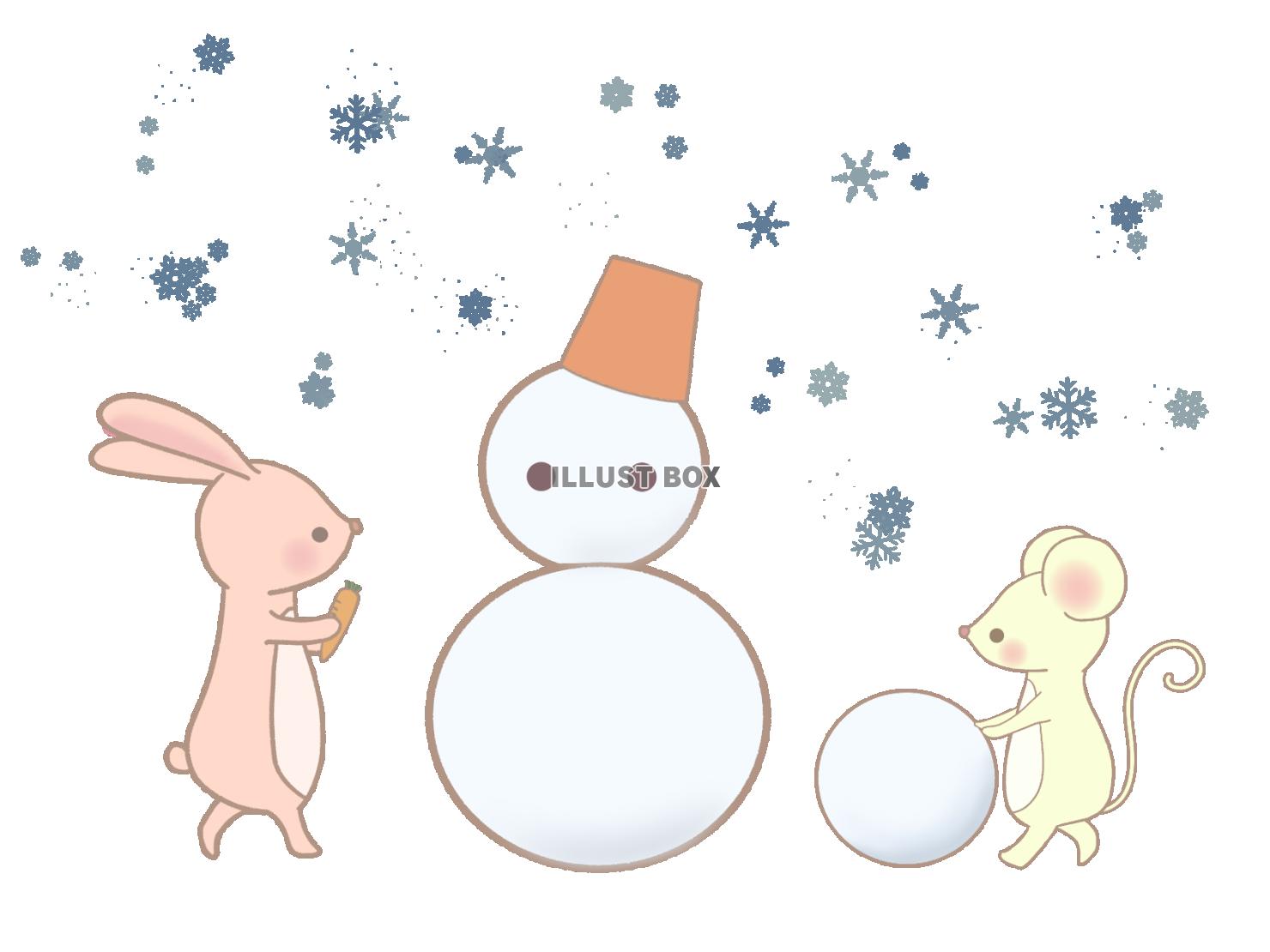 雪とウサギとネズミのイラスト　線あり