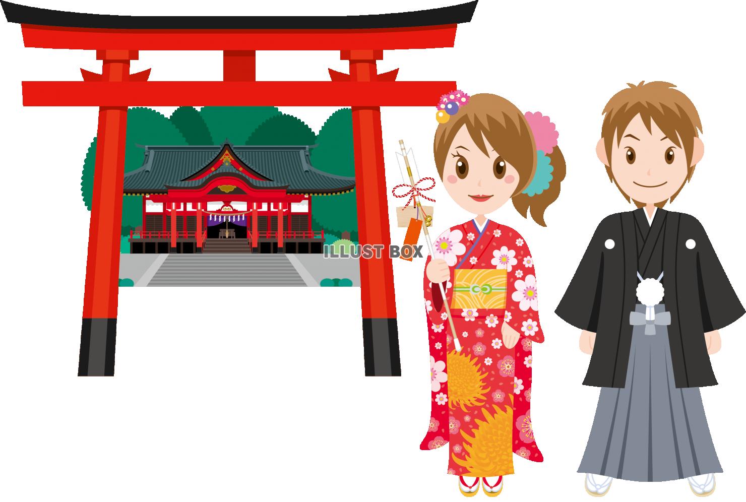 無料イラスト 晴れ着の男女 カップル 初詣 神社