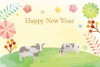 丑年　年賀状テンプレート065(牛、うし、ウシ、正月飾り、花、水彩風、華やか）