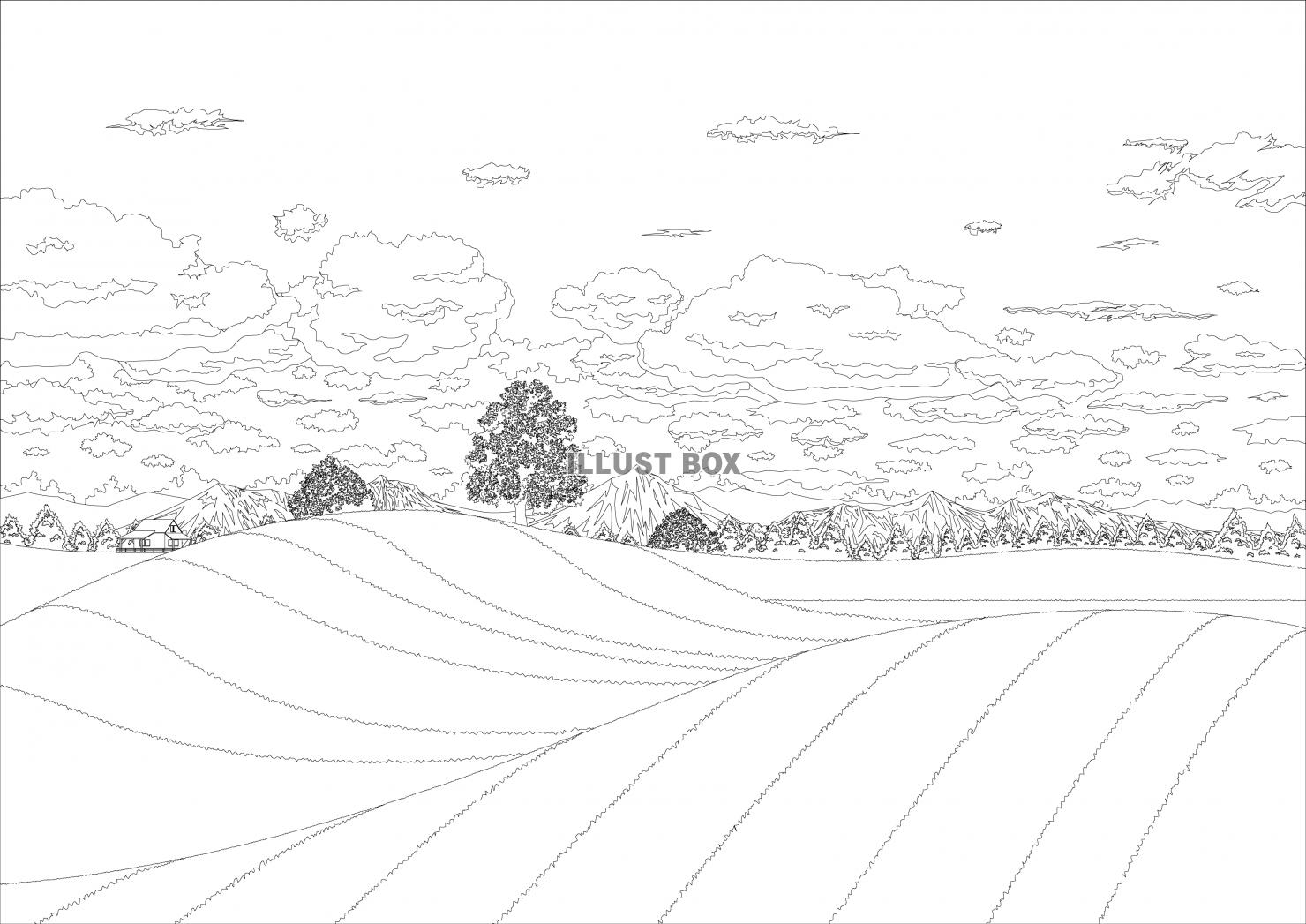 無料イラスト 雄大な大地 花畑の風景塗り絵 線画