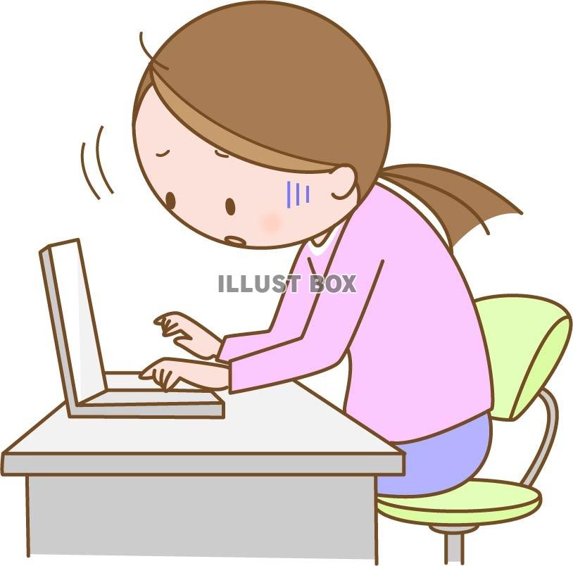 無料イラスト 悪い姿勢でパソコン作業をする女性