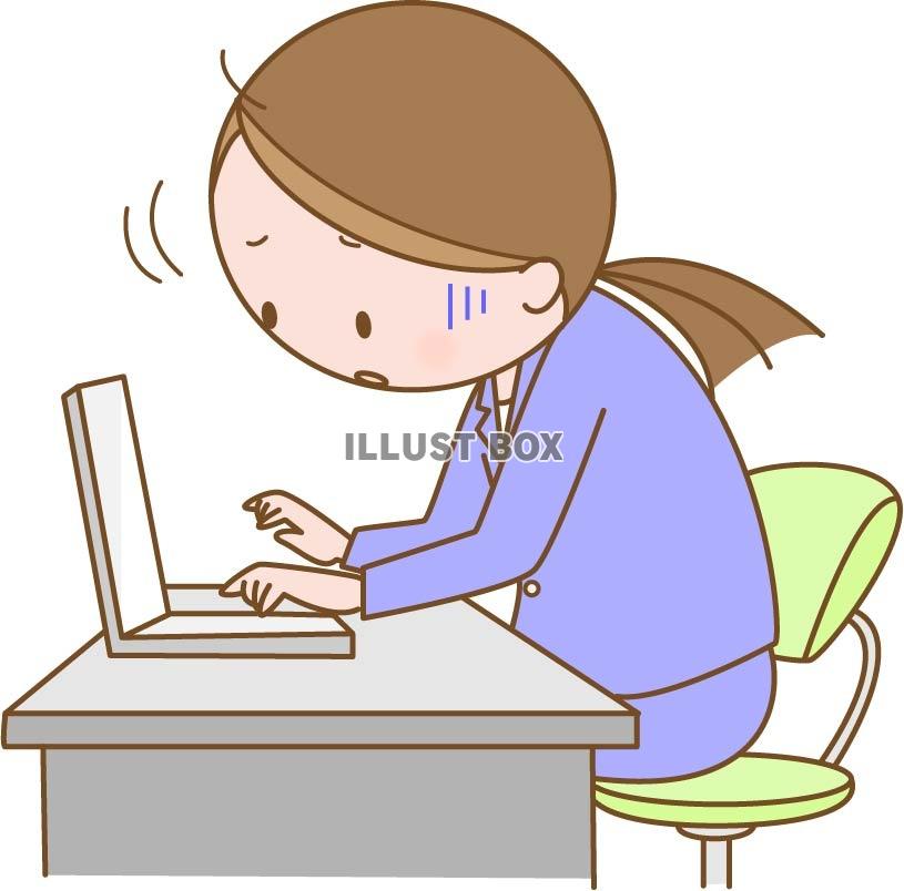 無料イラスト 悪い姿勢でパソコン作業をする女性事務員