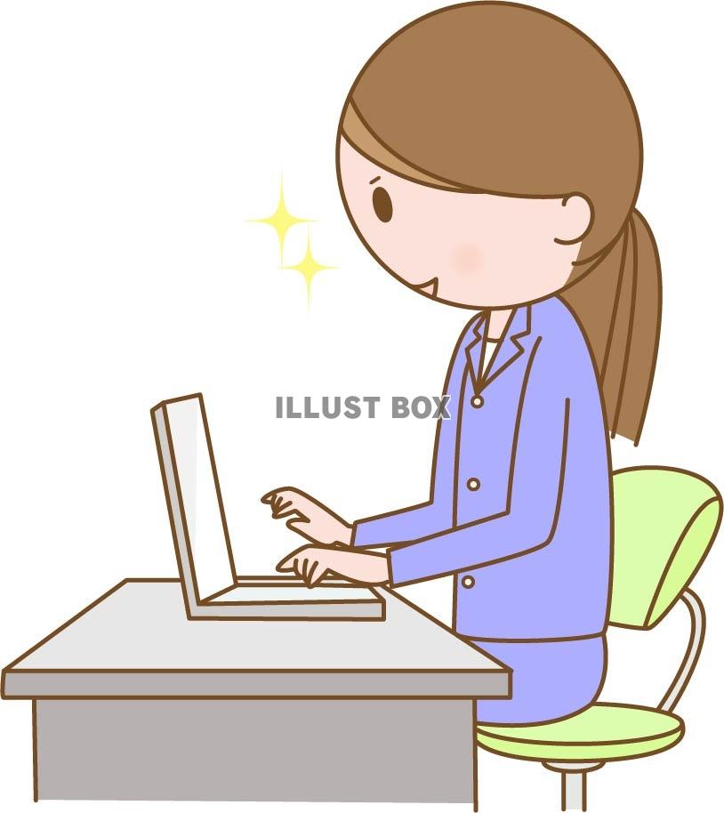 無料イラスト 良い姿勢でパソコン作業をする女性事務員