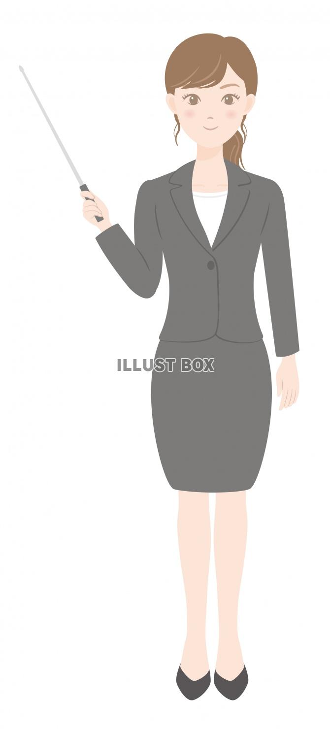 無料イラスト スーツ姿の女性 ビジネス 指し棒で説明している女性
