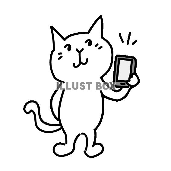 スマホを見せる猫のシンプルかわいいイラスト