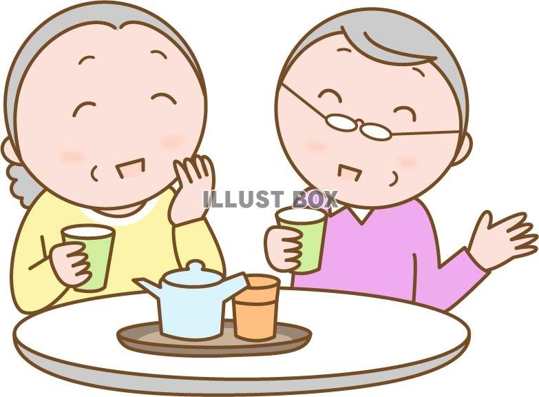 無料イラスト お茶を飲みながら会話をするシニア夫婦