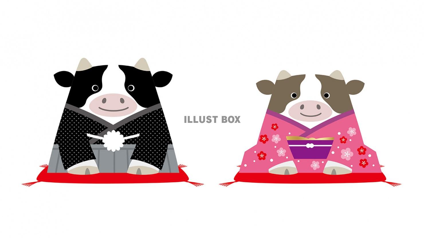 無料イラスト 丑年の年賀状素材 和装の牛のカップル