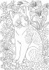 花に囲まれてお座りしている猫の塗り絵