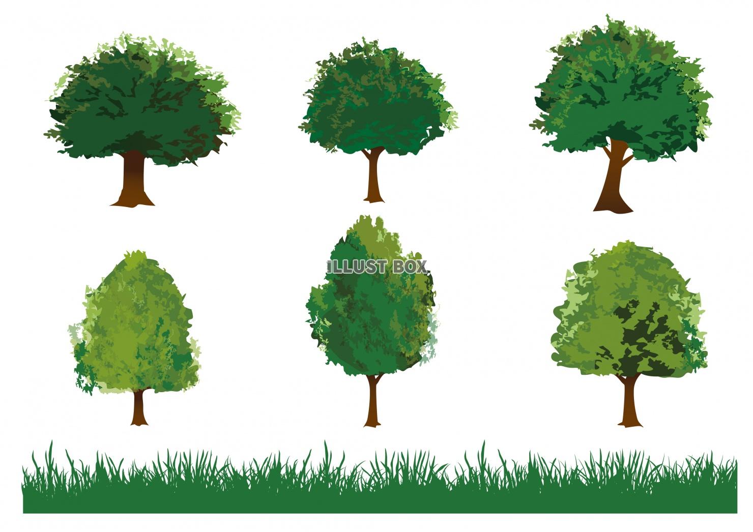 無料イラスト 水彩風の木と草のイラストセット